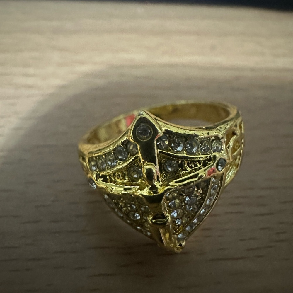 Men's yellow gold plated Christ on cross ring with cz’s
